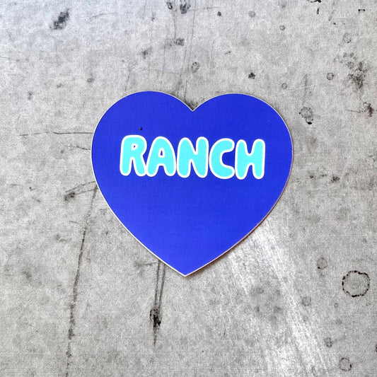 Vibrant blue, heart-shaped sticker with "Ranch" printed in light blue bubble letter font.