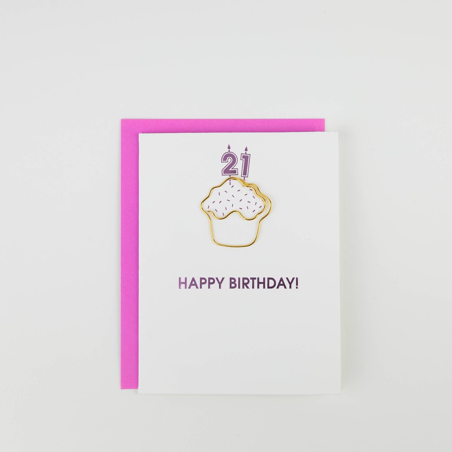 Happy 21st birthday card with a pink border and gold paper clip cupcake design on a white background