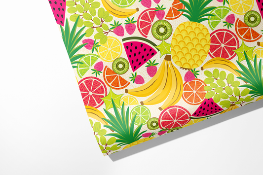 Roll of wrapping paper with various fruits on it including --- bananas, pineapple, citrus, strawberries, kiwi, watermelon and grapes 
