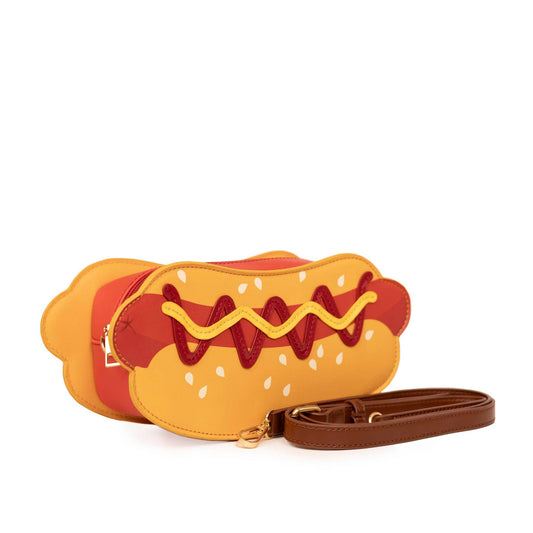 Front of Hot Dog Handbag showing ketchup and mustard detailing and brown detachable strap.