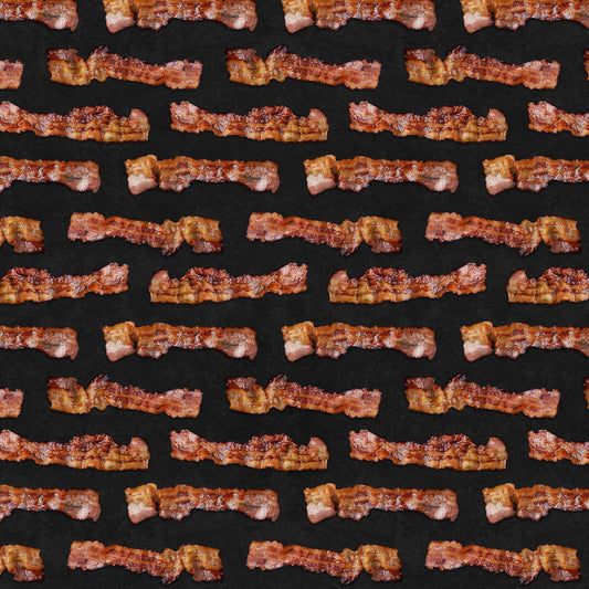Bacon patterned gift wrap. Bacon is a real image of sizzled, cooked bacon. 