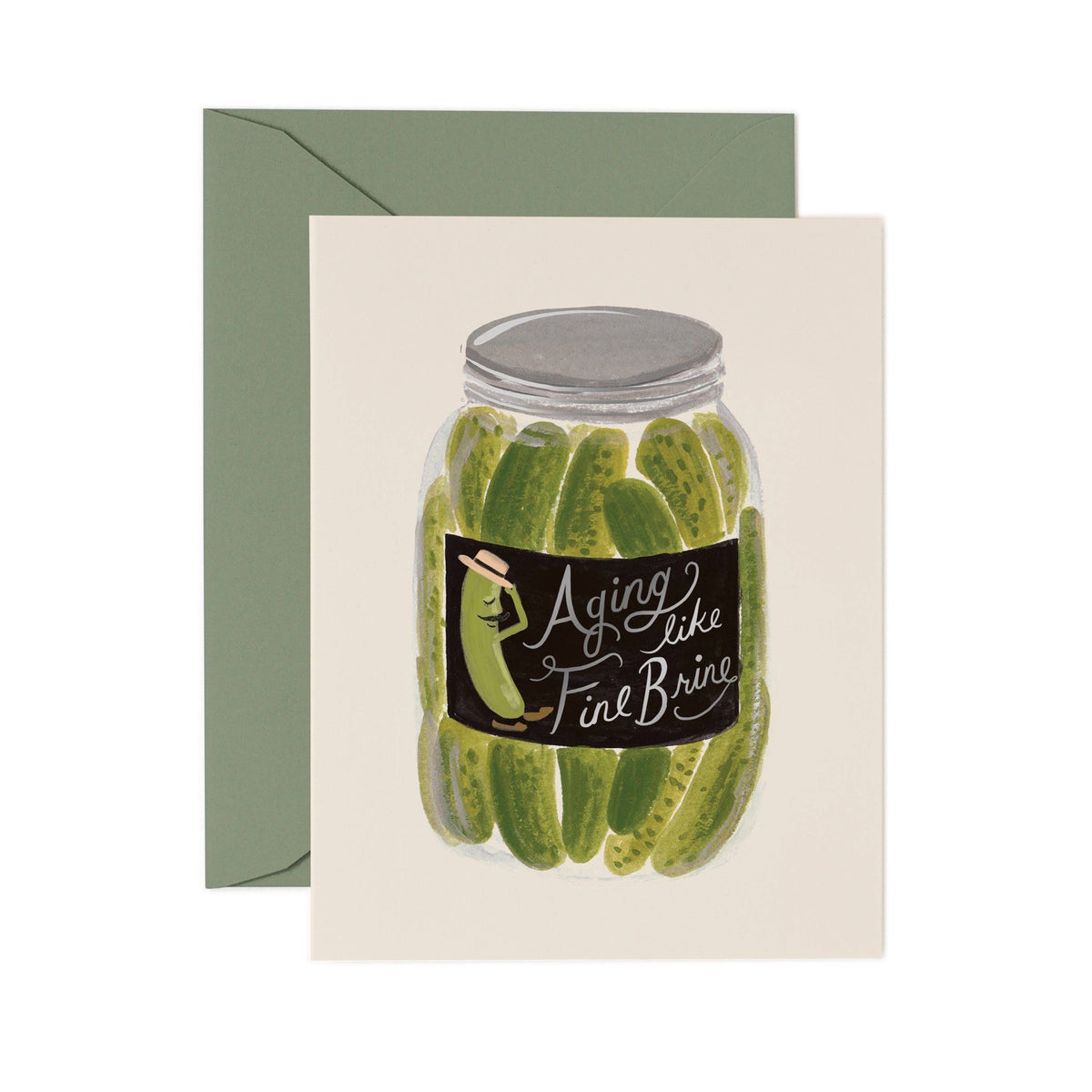Card with pickle jar illustration and 'Aging Like Fine Brine' text, green envelope.