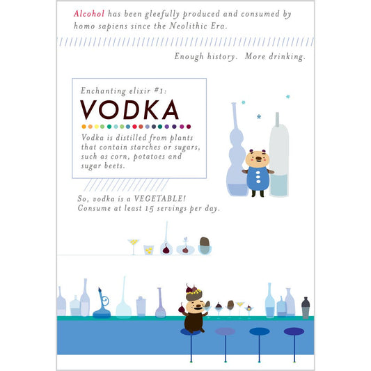 Cartoon illustration of a bear at a bar with vodka bottles and text about vodka's history and consumption.