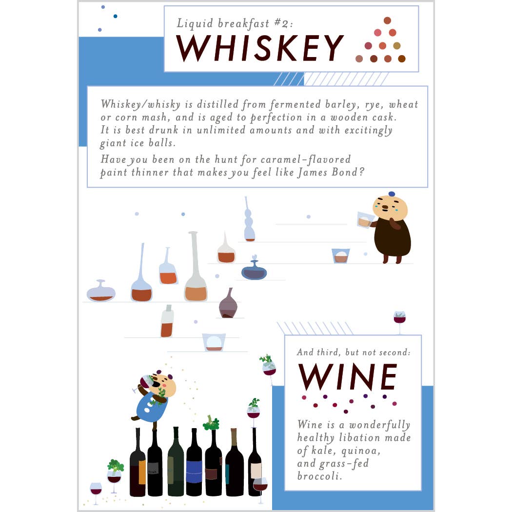 Sheet of paper with illustrations and text about whiskey and wine, featuring cartoon characters and bottles.