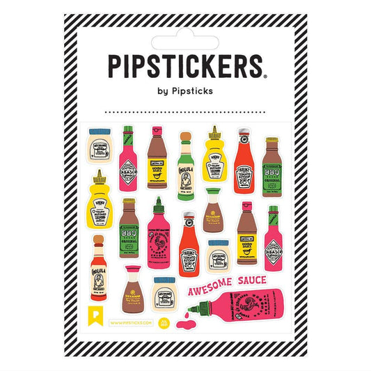 Packaging of Pipstickers with various sauce bottle sticker designs on a white background
