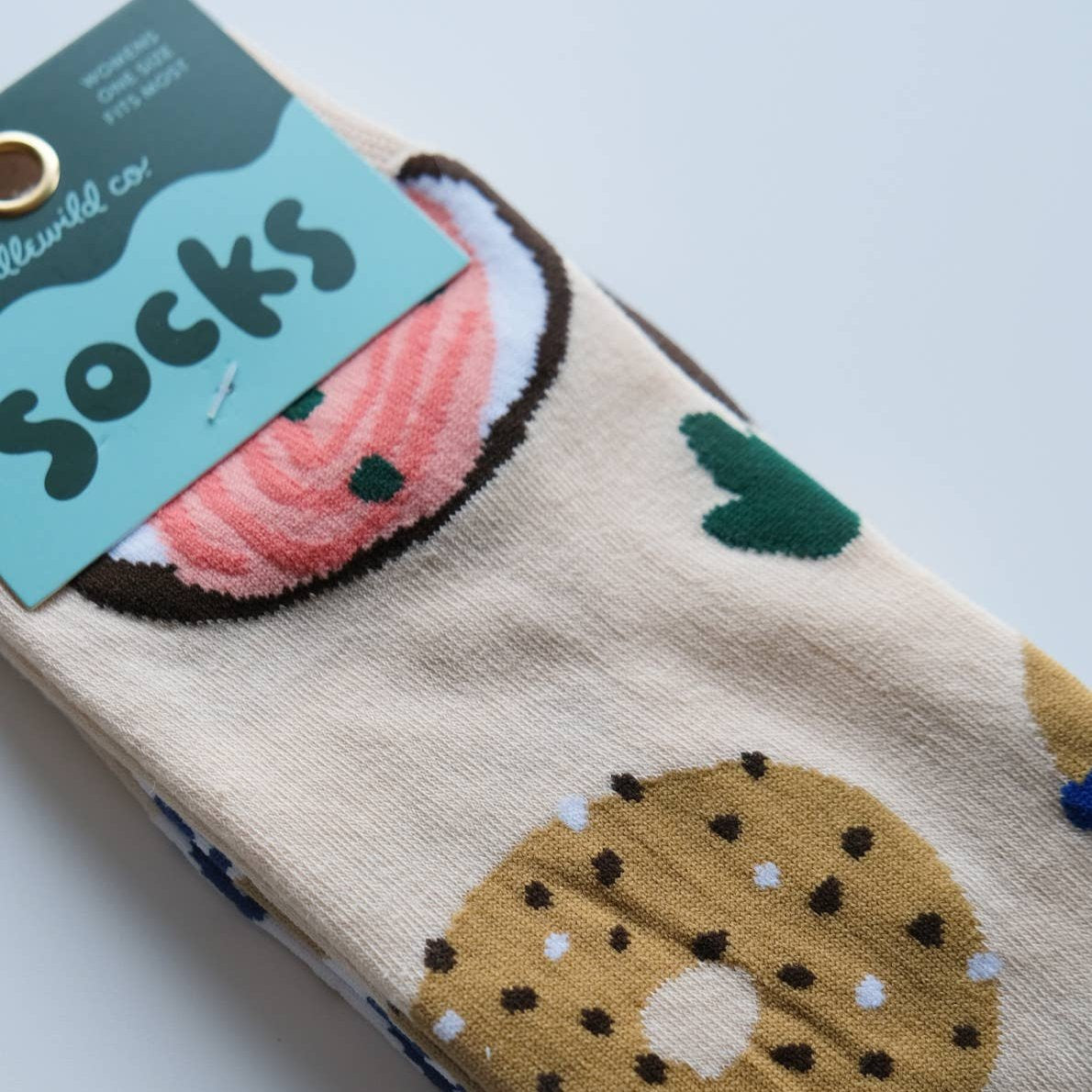 Close up of bagel socks in packaging