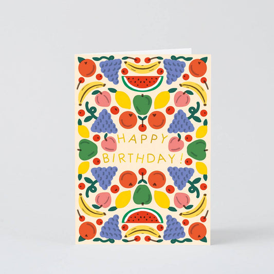 Fruit patterned birthday card with colorful fruits on a white background