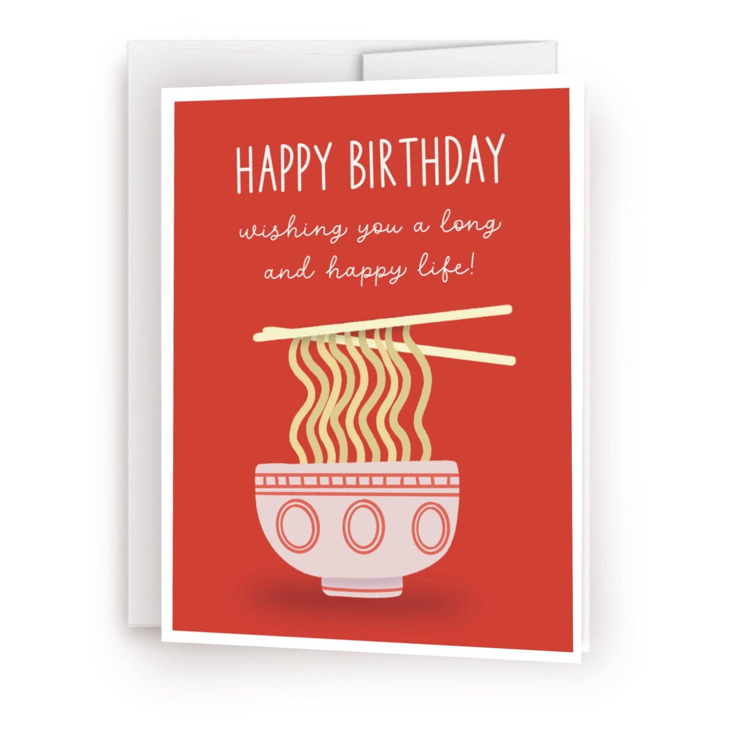 Birthday card with a bowl of noodles and chopsticks on a red background