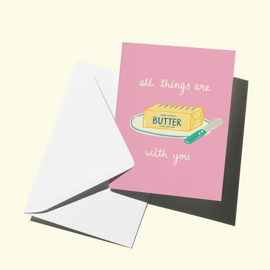 Greeting card with a butter illustration and text on a pink background