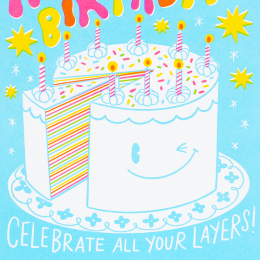 Detail photo of layers cake card with winking birthday cake and text "Celebrate all your layers!"