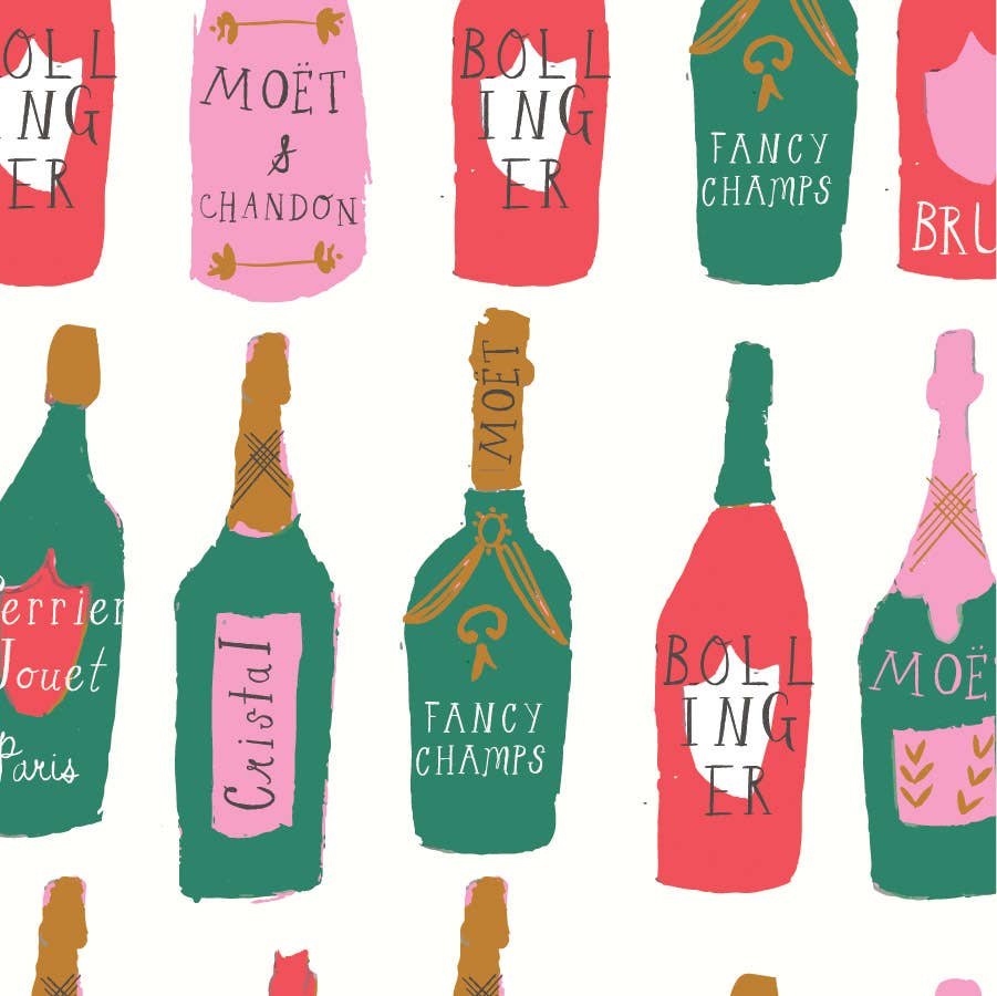 Close up of champagne bottle designs on bag