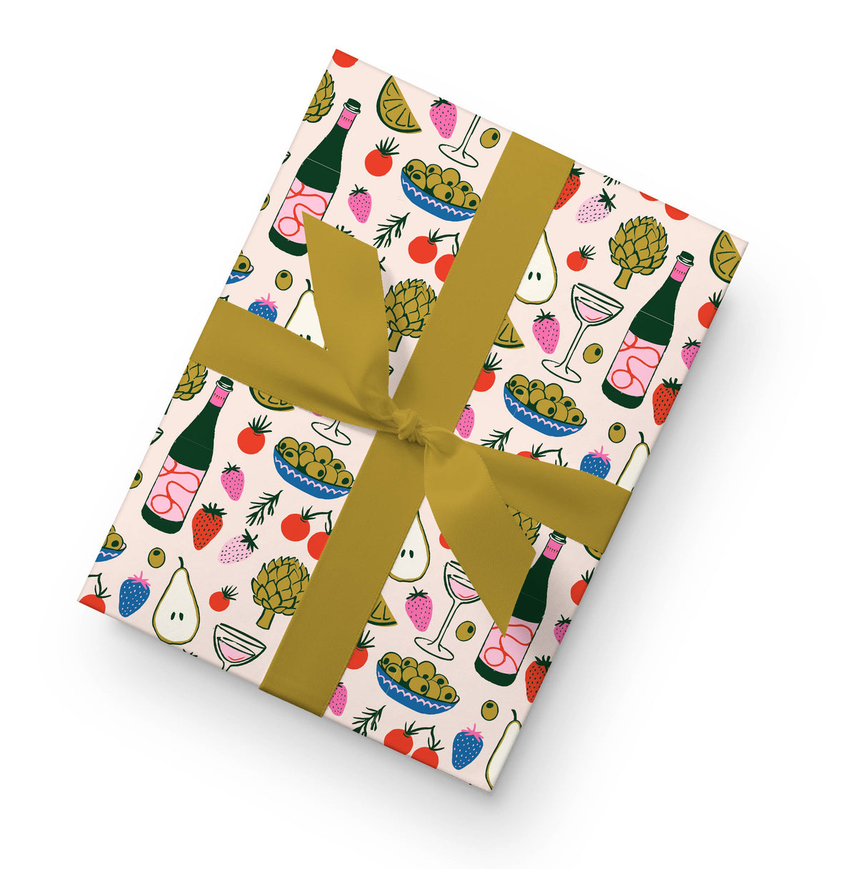 A rectangular gift box wrapped in a white paper featuring a colorful party-themed pattern of champagne bottles, strawberries, pears, olives, and cocktail glasses, tied with a wide olive-gold ribbon in a bow.