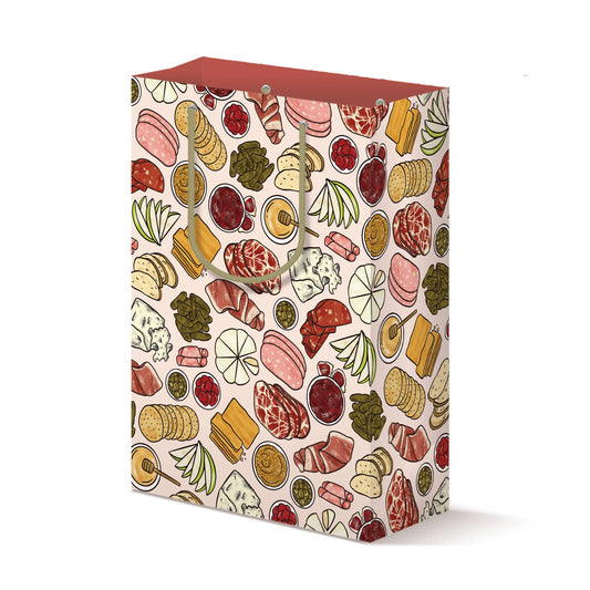 Glossy paper bag with food pattern on a white background