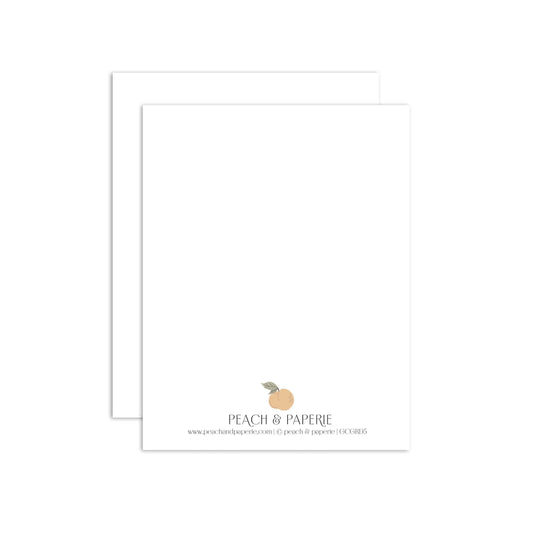 White card with Peach & Paperie logo on a white background