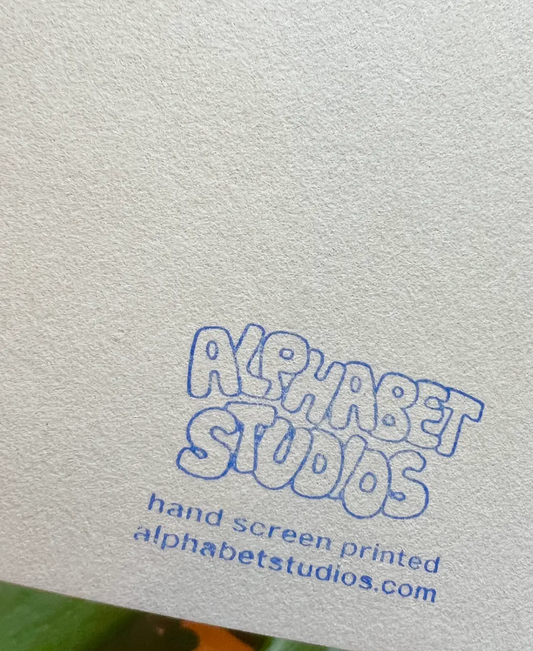 A close-up of textured off-white paper with blue hand-screen printed text reading 'ALPHABET STUDIOS' and smaller text below reading 'hand screen printed alphabetstudios.com'.