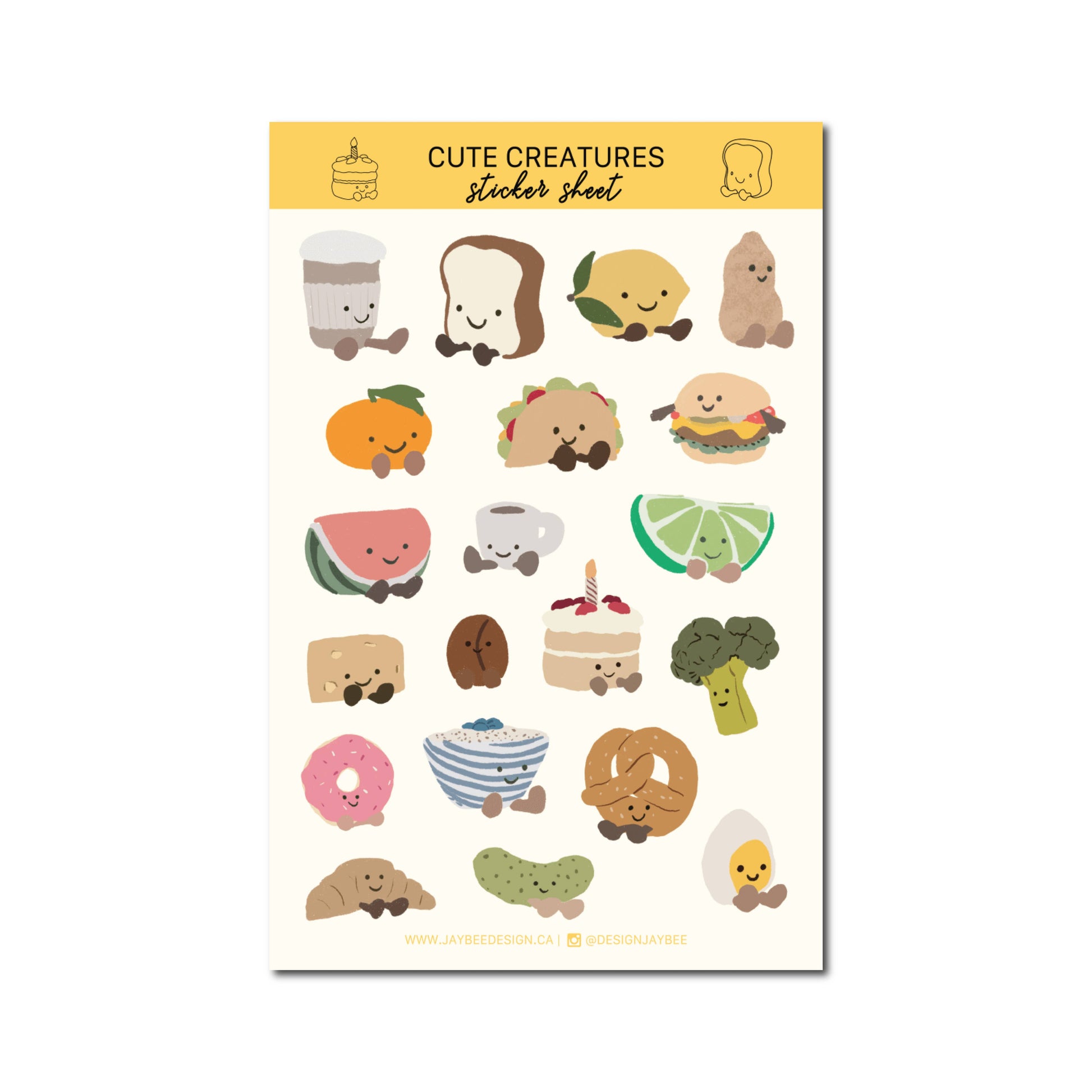 Sticker sheet with 20 cute food-themed stickers (each illustrated with little smiley face and little cartoon feet) on a white background. Foods include toast, taco, watermelon, cheese, coffee, peanut, cake, pickle, croissant, boiled egg... and more!