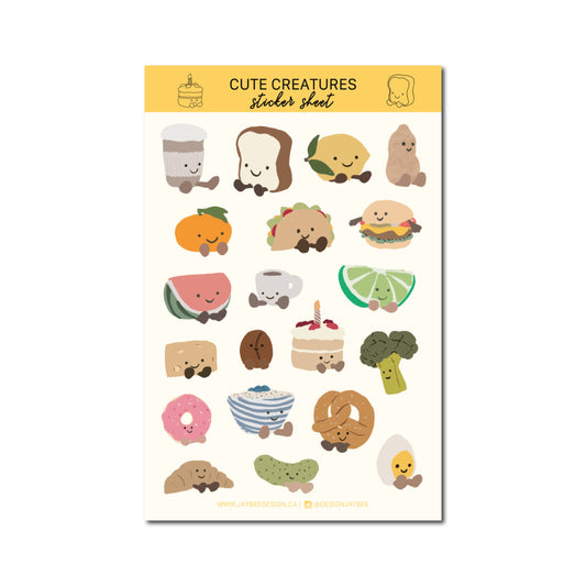 Sticker sheet with 20 cute food-themed stickers (each illustrated with little smiley face and little cartoon feet) on a white background. Foods include toast, taco, watermelon, cheese, coffee, peanut, cake, pickle, croissant, boiled egg... and more!