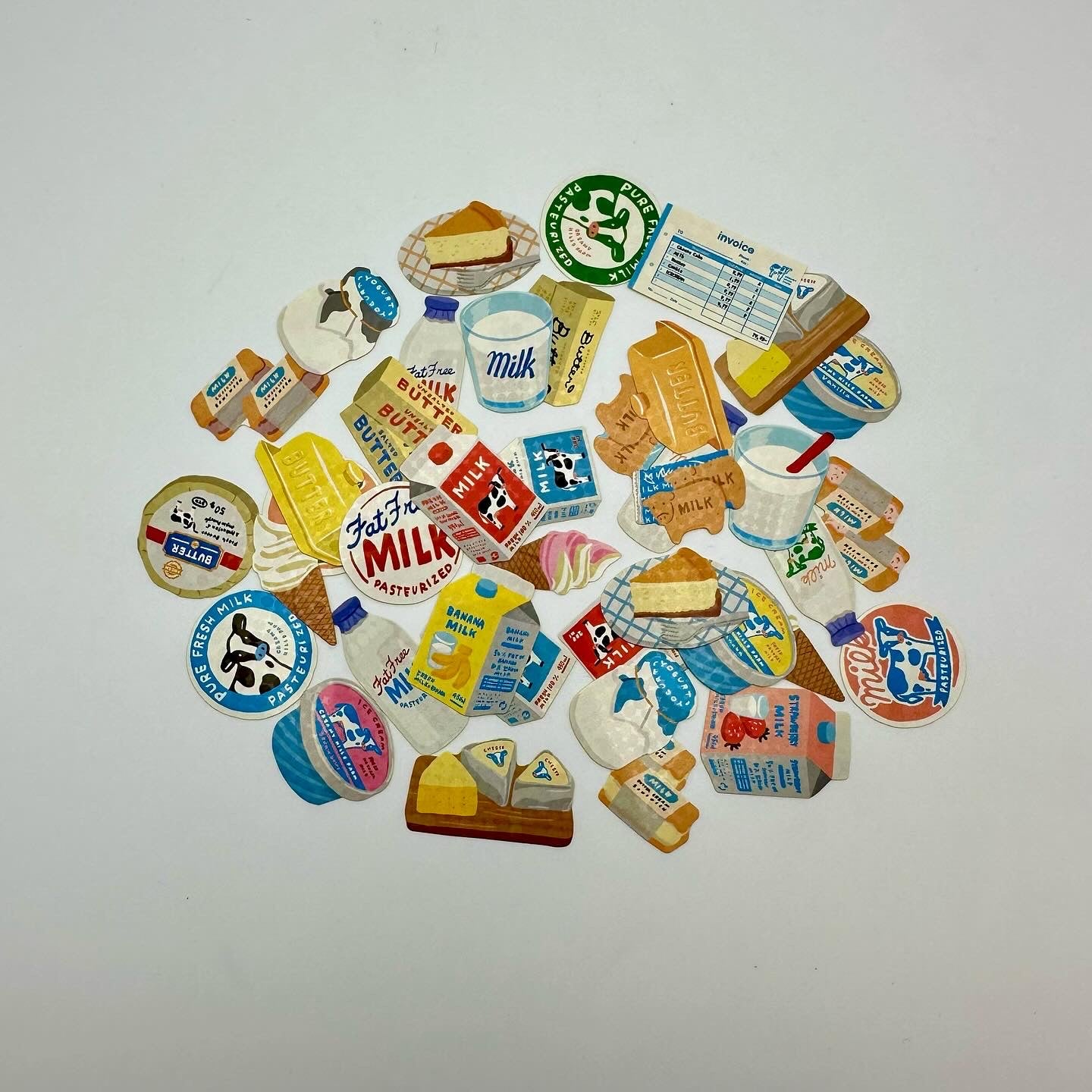 Plethora of dairy themed stickers including cheese, milk, ice cream, etc.