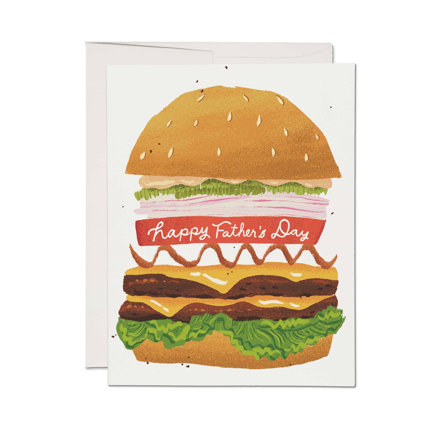 Greeting Card with text "Happy Father's Day" sandwiched between the ingredients (bacon, hamburgger, cheese, relish, sauce, tomato, onion) inside a bacon cheeseburger on seeded bun.