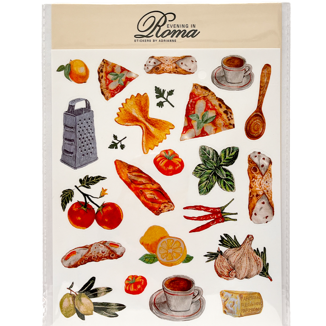 Sticker sheet with stickers of Italian foods - pizza, cannoli, espresso, farfalle, tomatoes, wood spoon, parmigiano reggiano cheese, cheese grater, bread loaf, lemons, chili peppers, basil leaves, garlic and parsley.