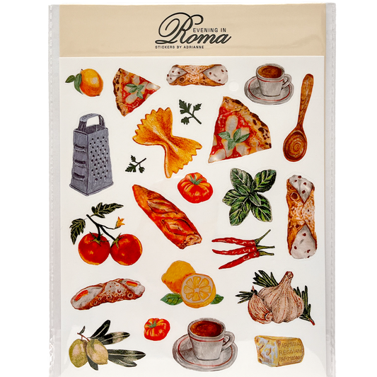 Sticker sheet with stickers of Italian foods - pizza, cannoli, espresso, farfalle, tomatoes, wood spoon, parmigiano reggiano cheese, cheese grater, bread loaf, lemons, chili peppers, basil leaves, garlic and parsley.