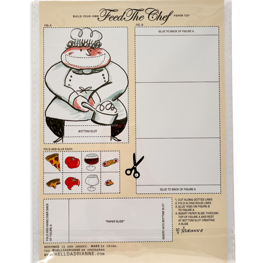 Bonus cardboard cutout labeled "Build-Your-Own... Feed The Chef... Paper Toy" with the image of a smiling chef and tiny foods (pizza, wine, tomato, cannoli) to cut out and feed him with. Instructions printed for assembly.