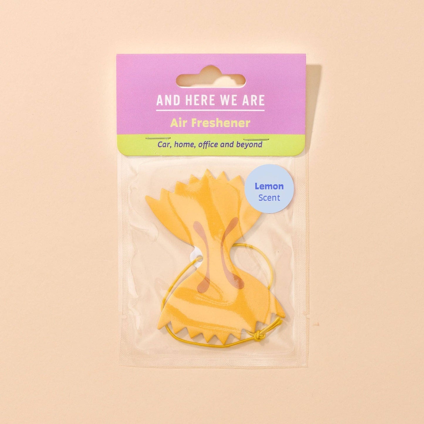 Car air freshener made to look like farfalle (bowtie) pasta in packaging