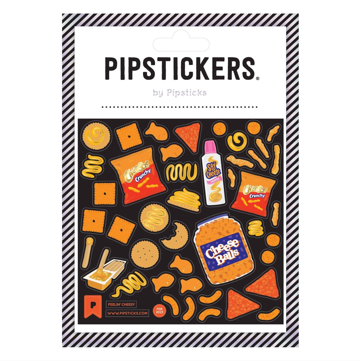 Packaging of Pipstickers with various cheesy, snack-themed stickers on a white background