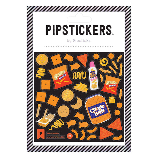 Packaging of Pipstickers with various cheesy, snack-themed stickers on a white background