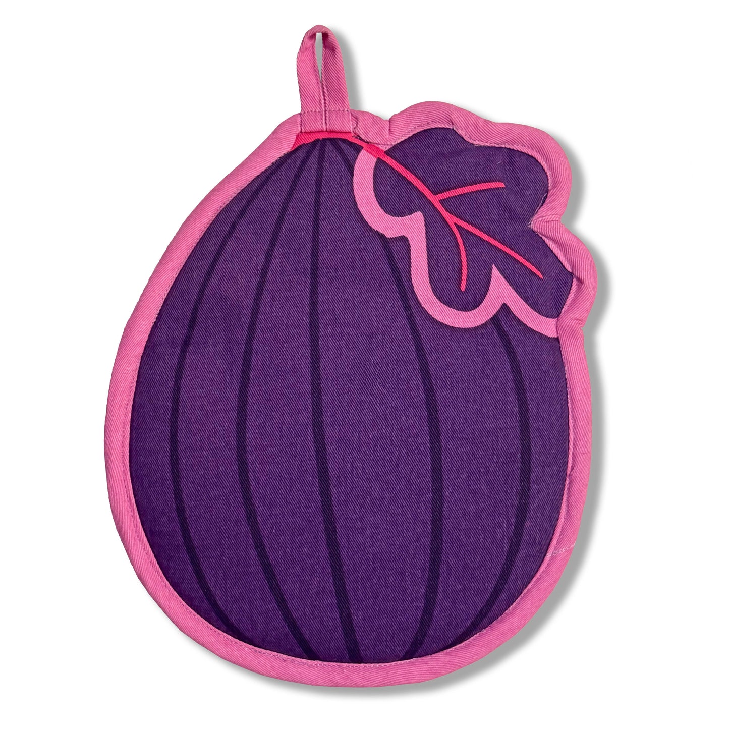 Purple fig-shaped pot holder with pink border on a white background