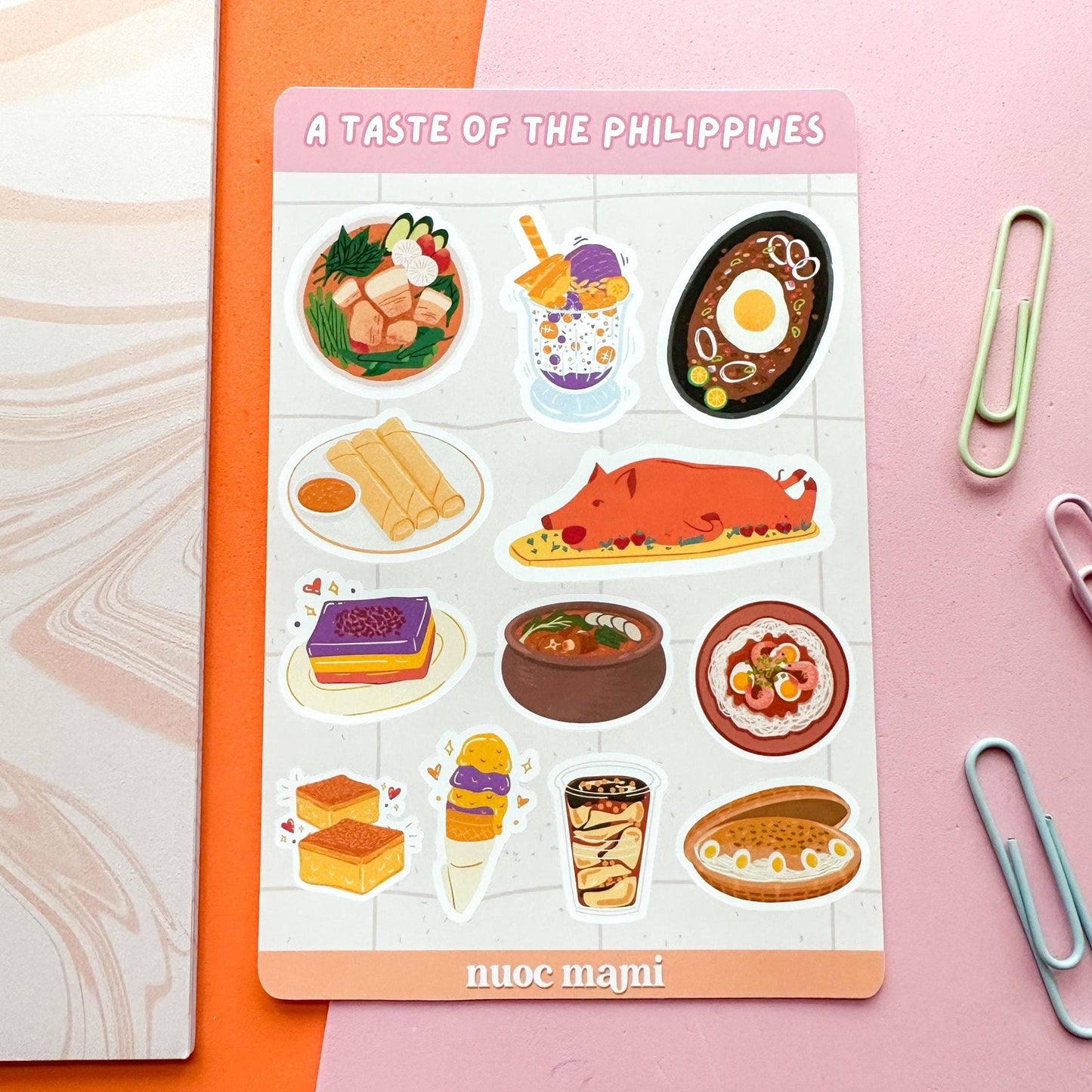 Sheet of stickers featuring illustrations of a variety of Filipino food on a pink background with 'A Taste of the Philippines' text.