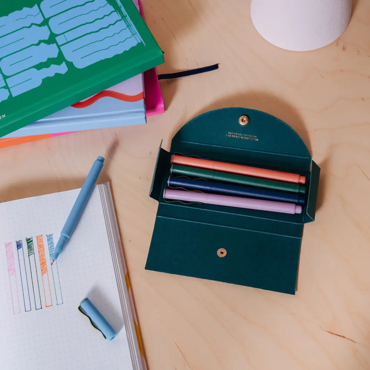 Set of 5 Fineliner pens in carrying case.