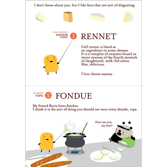Comic strip with cartoon characters discussing cheese and fondue on a white background