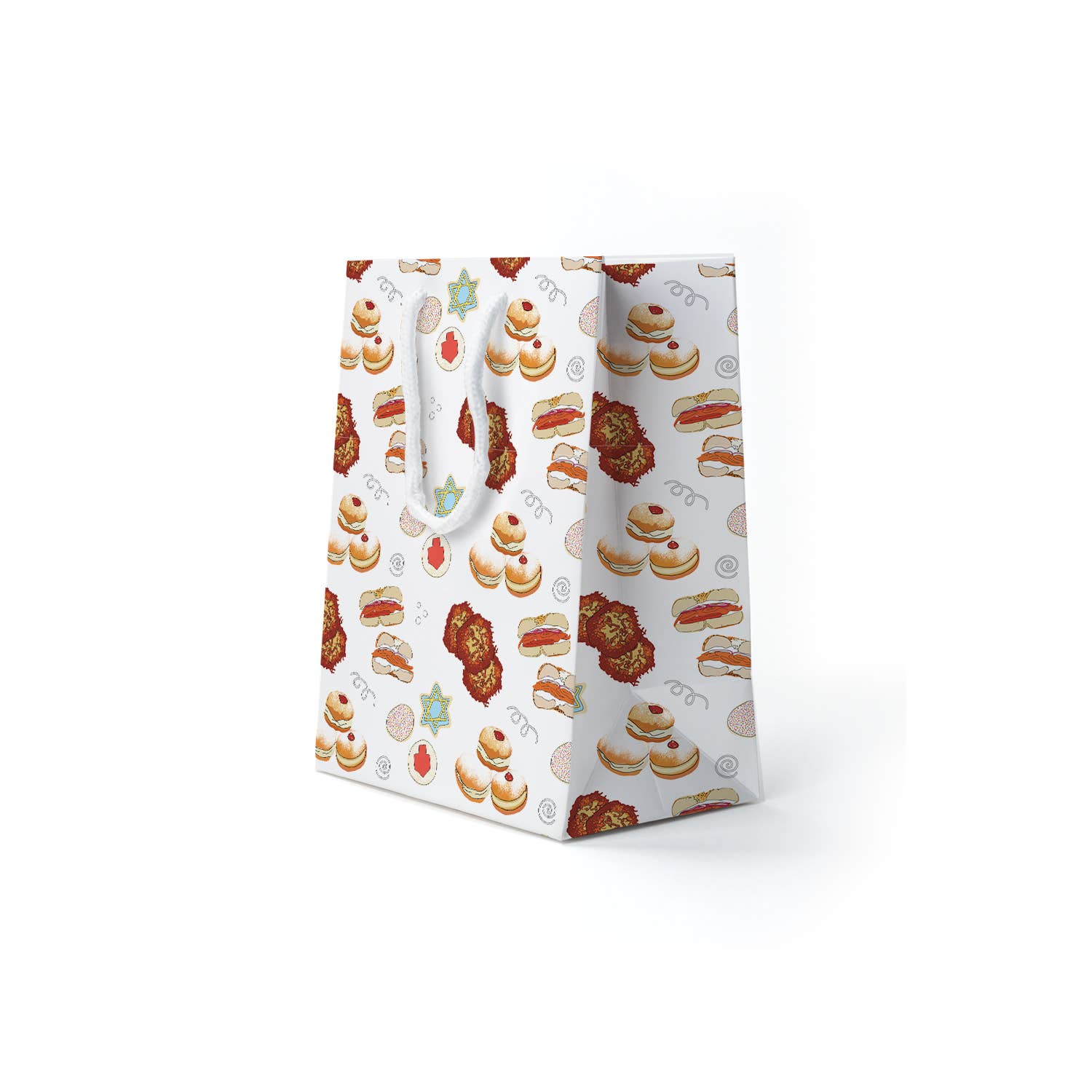 White gift bag with Hanukkah food-themed design on a white background