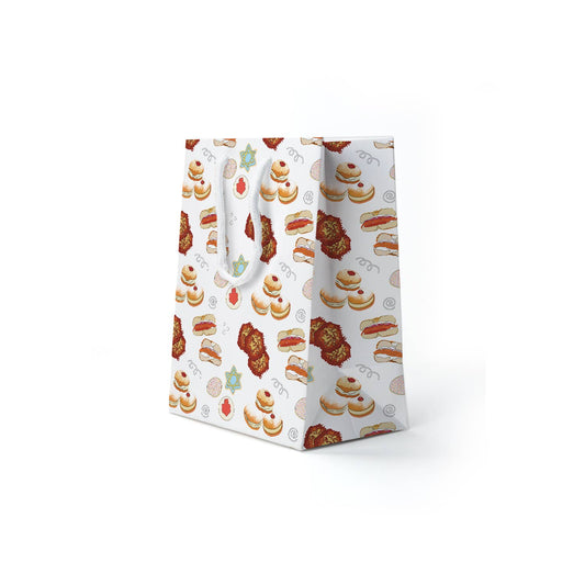 White gift bag with Hanukkah food-themed design on a white background