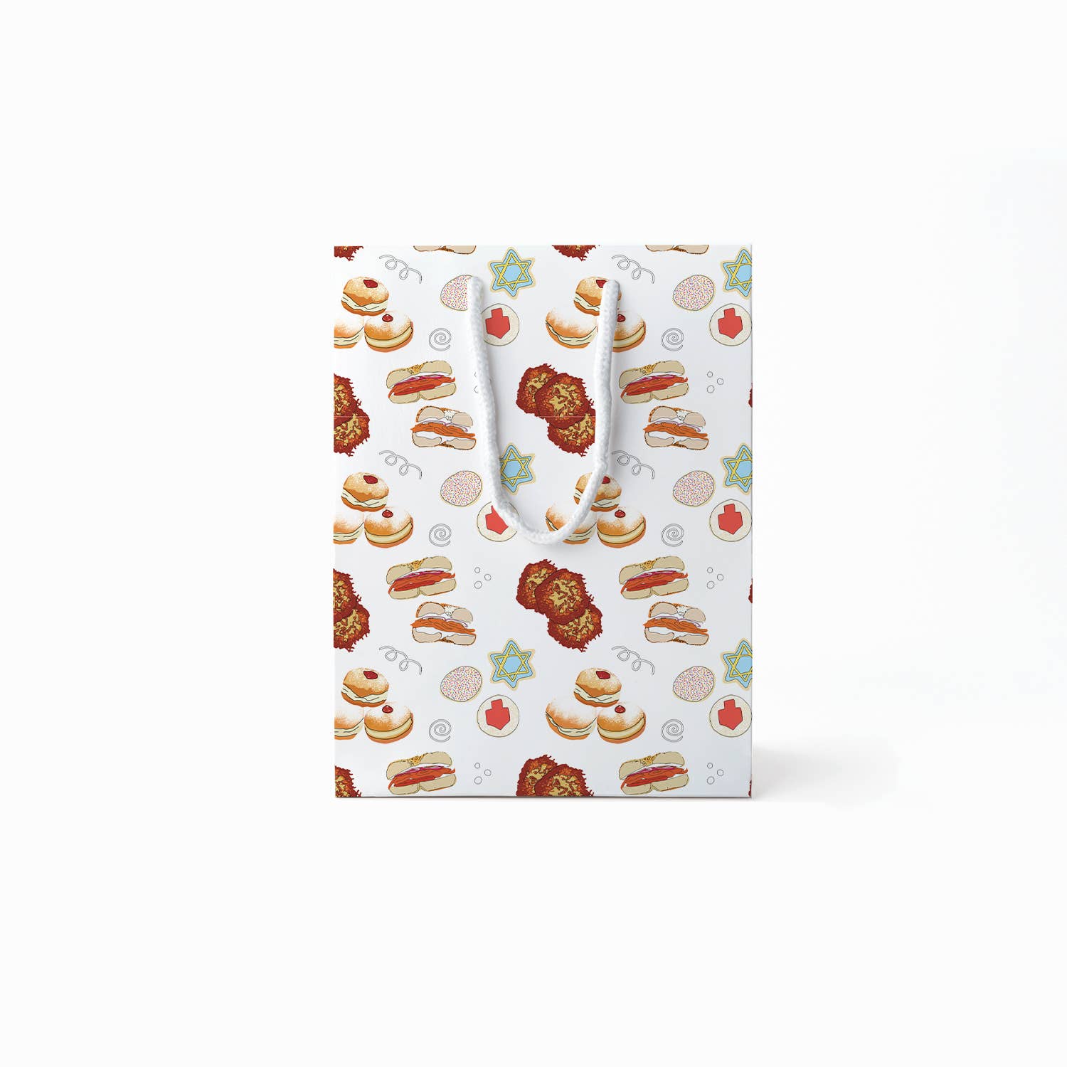 Gift bag with food-themed pattern on a white background