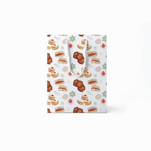 Gift bag with food-themed pattern on a white background