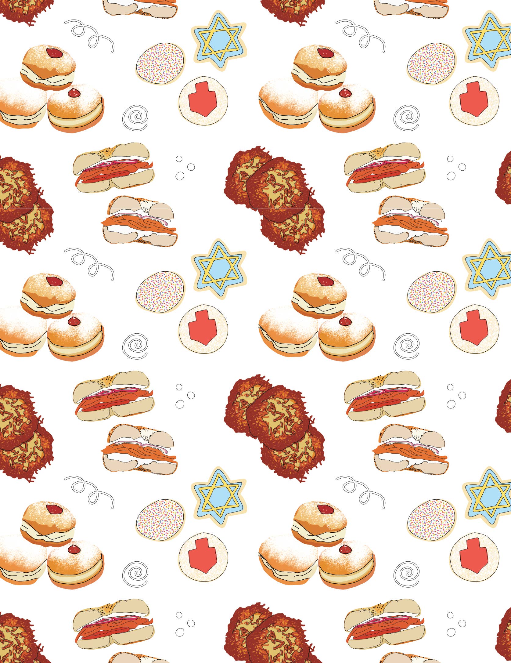 Pattern of Hanukkah-themed food items and stars on a white background