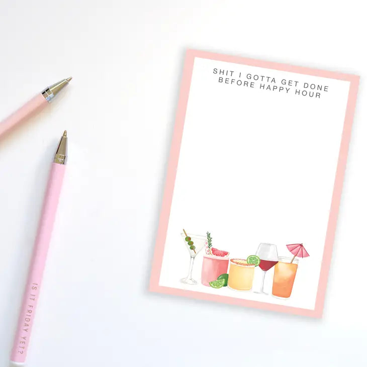 Before Happy Hour Notepad shown with two pink pens.