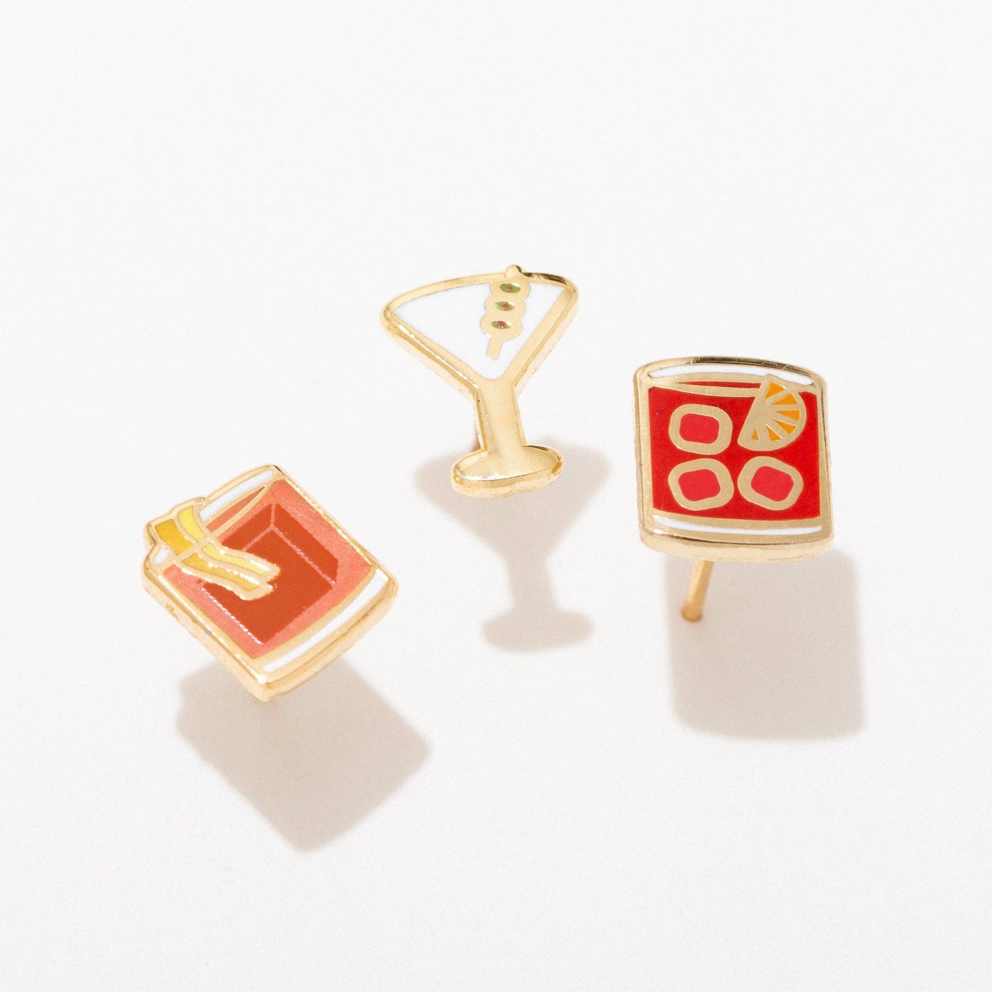 Trio set of cocktail earrings -- old fashioned, martini and negroni