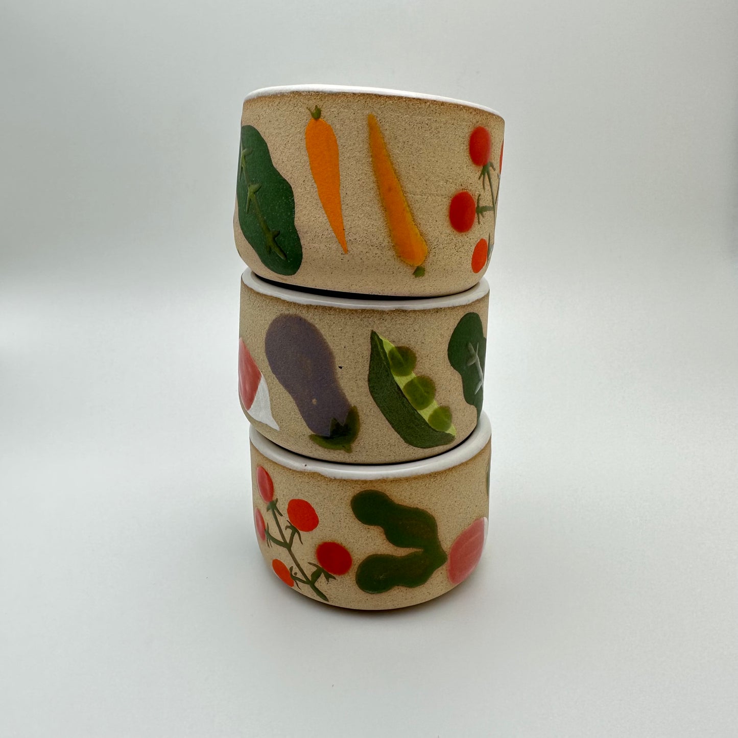3 Hand painted veggie ramekins featuring kale, carrots, tomatoes, eggplant, radishes, etc.