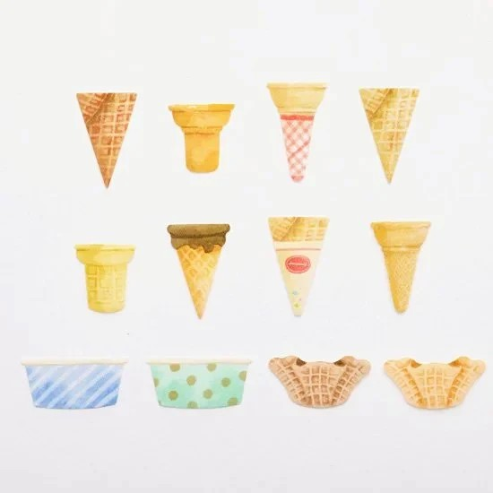 Colorful ice cream themed stickers showing assorted ice cream cups and cones. 12 variations.