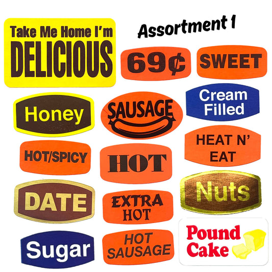 Assortment of colorful food innuendo product labels on a white background