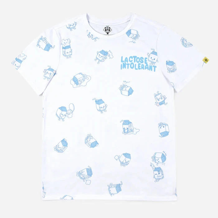White shirt with illustrated cartons of milk in blue ink