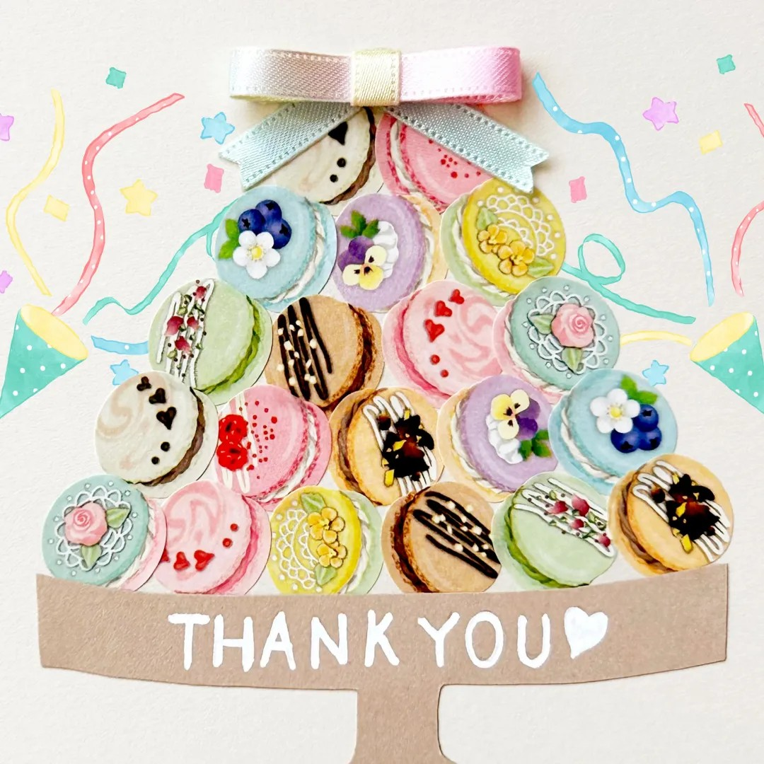 Individual washi stickers shaped like macarons - shown as a pastry tower decorating a thank you card.