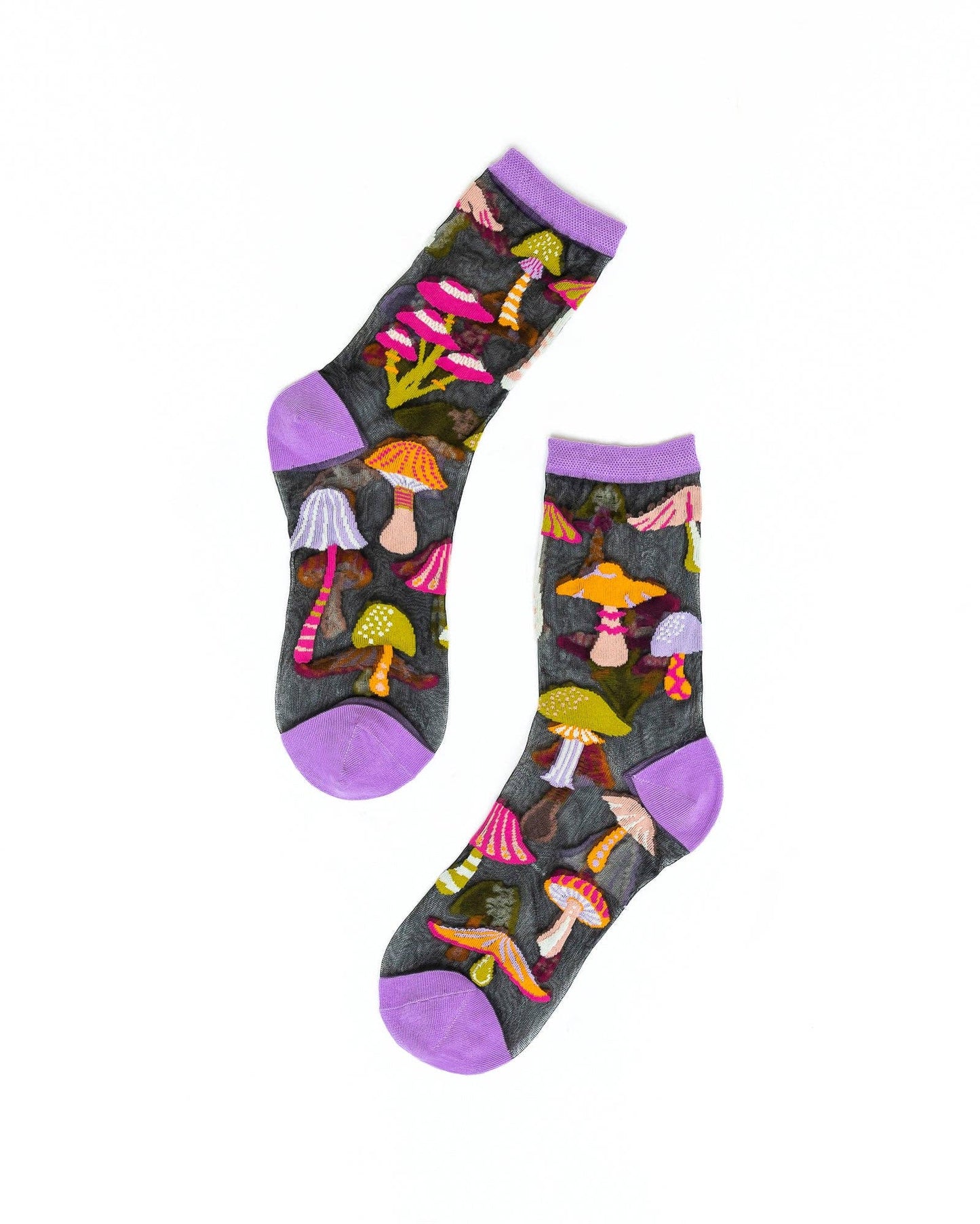 Pair of socks with colorful mushroom design on a white background