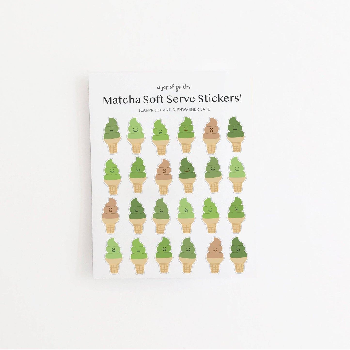 A sheet of matcha soft serve stickers featuring cute ice cream cone illustrations in various shades of green and brown, displayed on a clean white background.