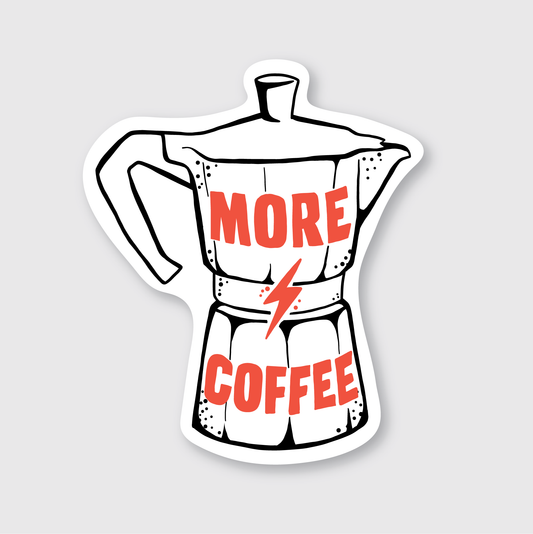 Sticker of a coffee maker with 'More Coffee' text on a gray background