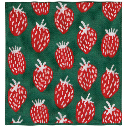 Dark green dish cloth with red strawberry design pattern on it