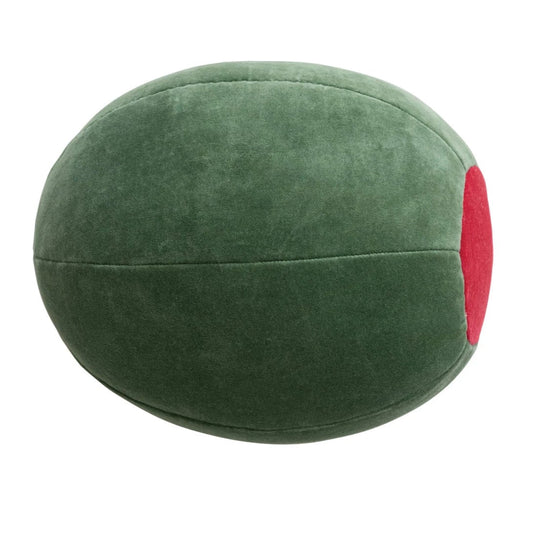 Green and red pimento olive pillow on a white background